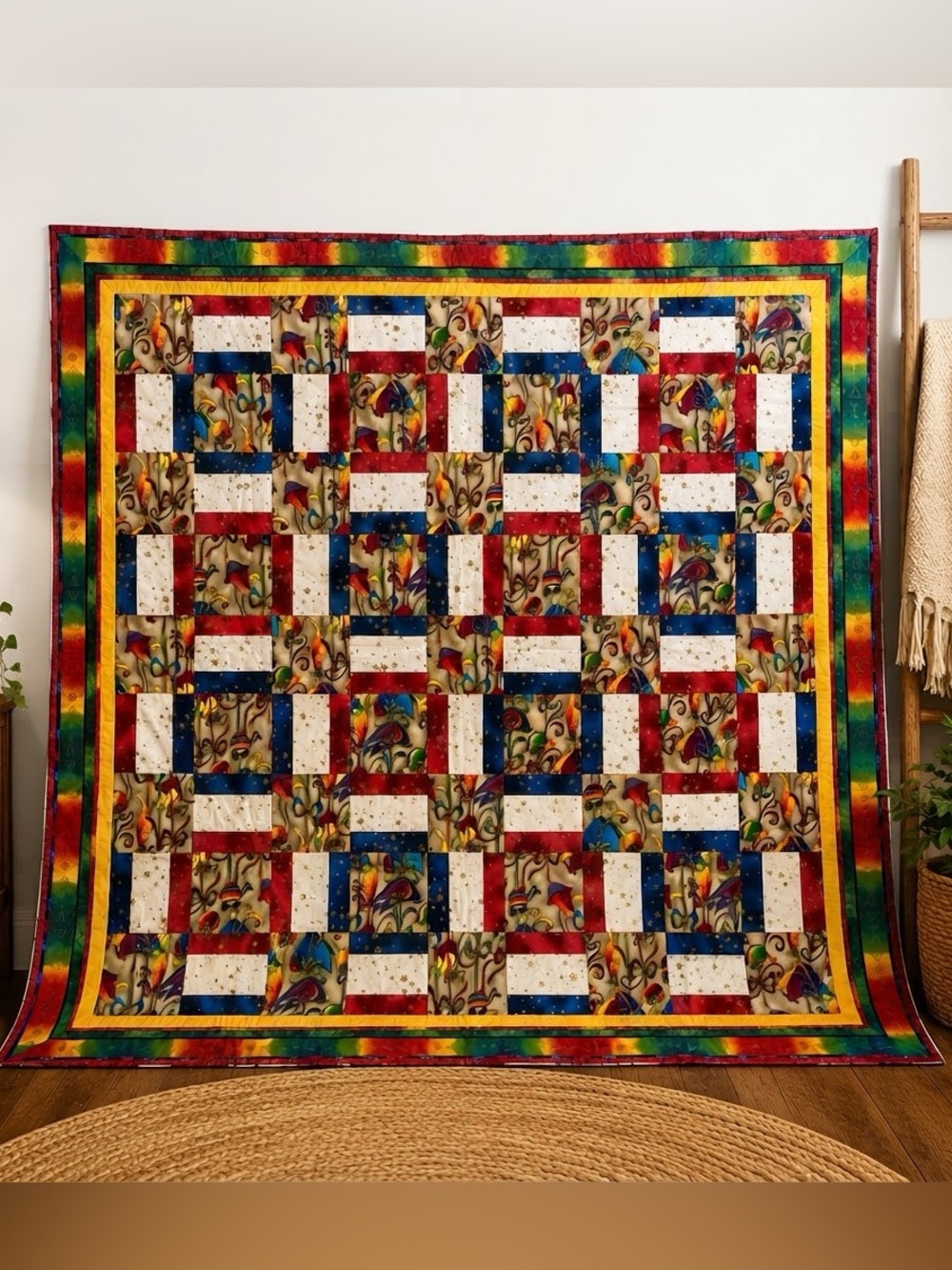 Handmade Laurel Burch Quilt - Patriotic Americana Patchwork Throw 58x58 Cabin
